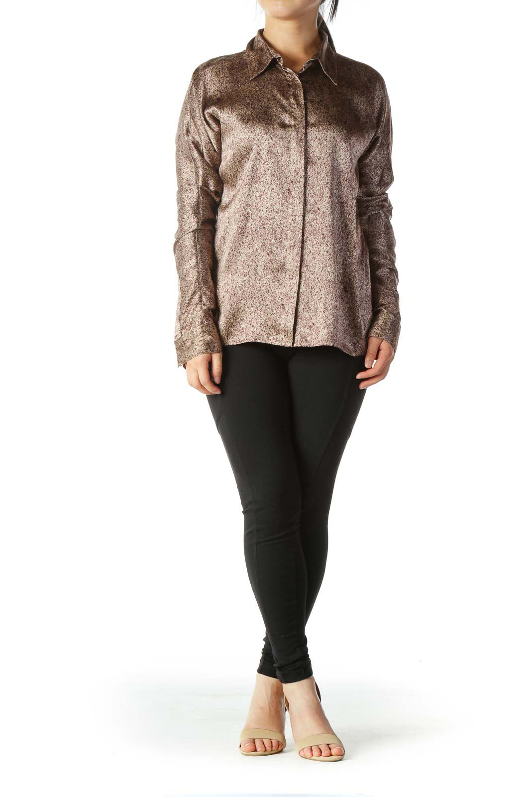 Brown Print Silk Shiny Soft Long Sleeve Stretch Shirt