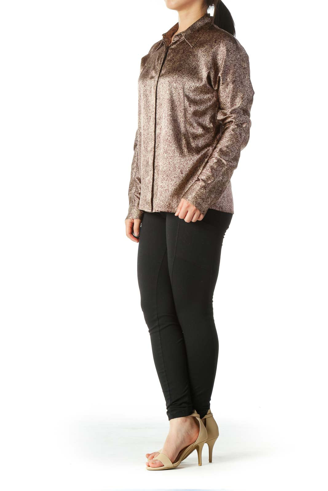 Brown Print Silk Shiny Soft Long Sleeve Stretch Shirt