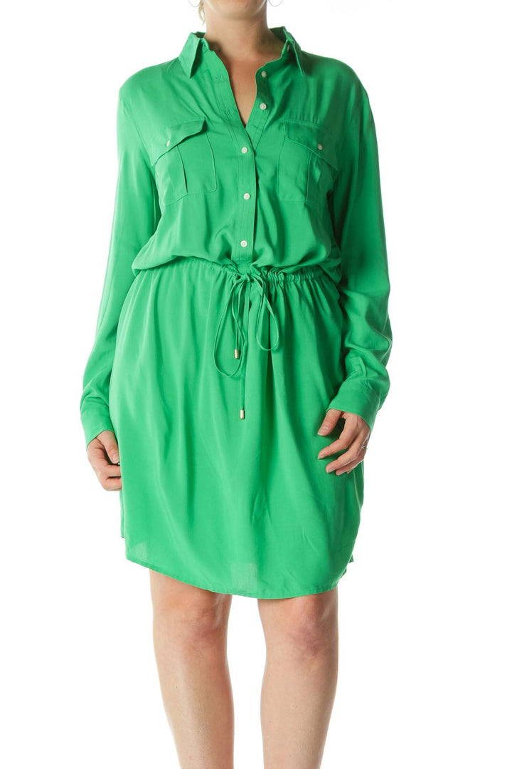 Green Buttoned Long-Sleeve Drawstring-Waist Day Dress