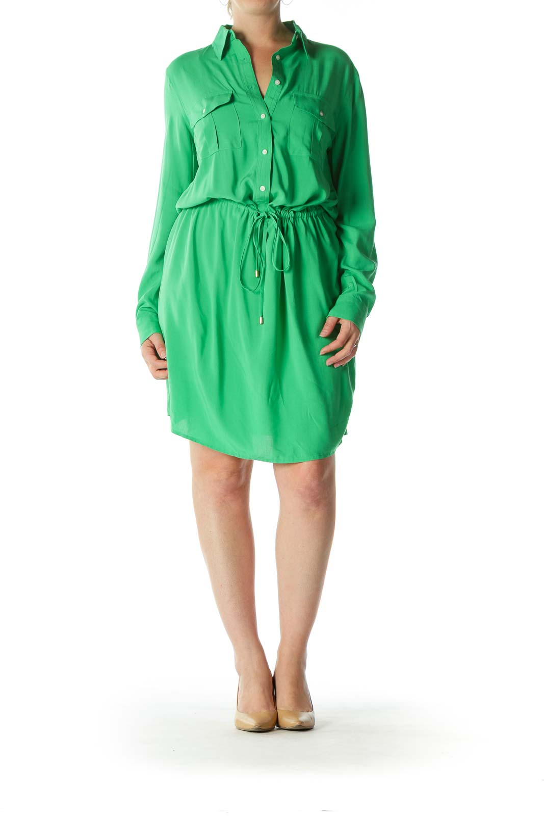 Green Buttoned Long-Sleeve Drawstring-Waist Day Dress