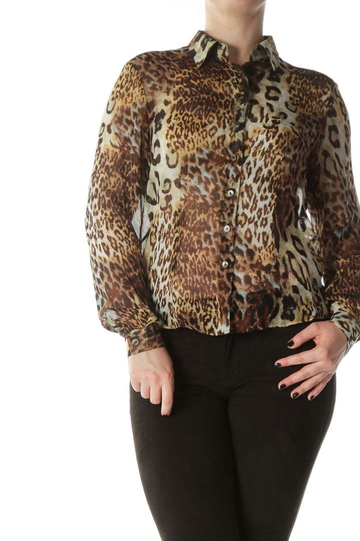 Brown Leopard Print 100% Silk See-Through Shirt