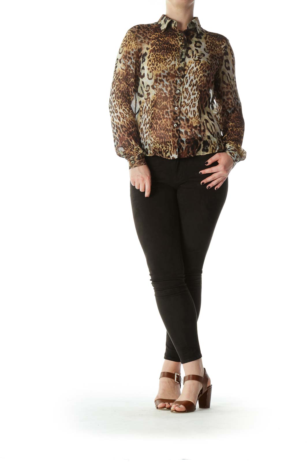 Brown Leopard Print 100% Silk See-Through Shirt