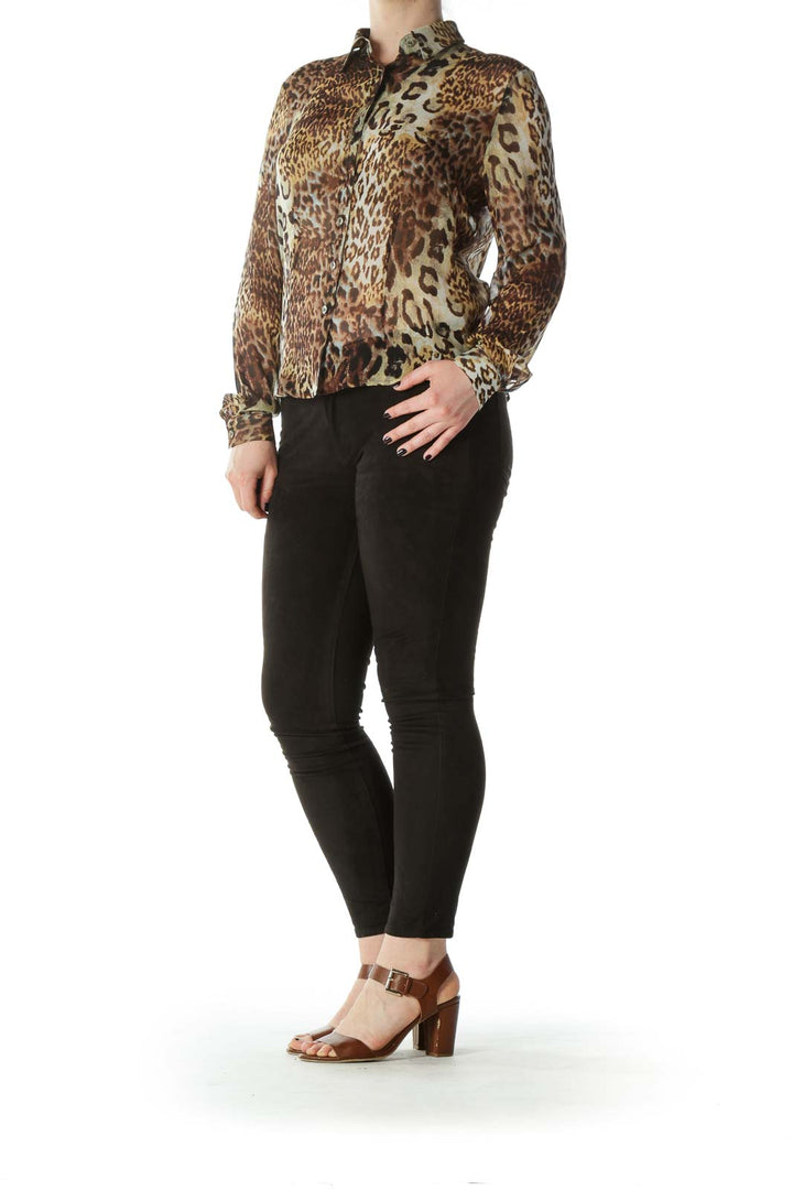 Brown Leopard Print 100% Silk See-Through Shirt