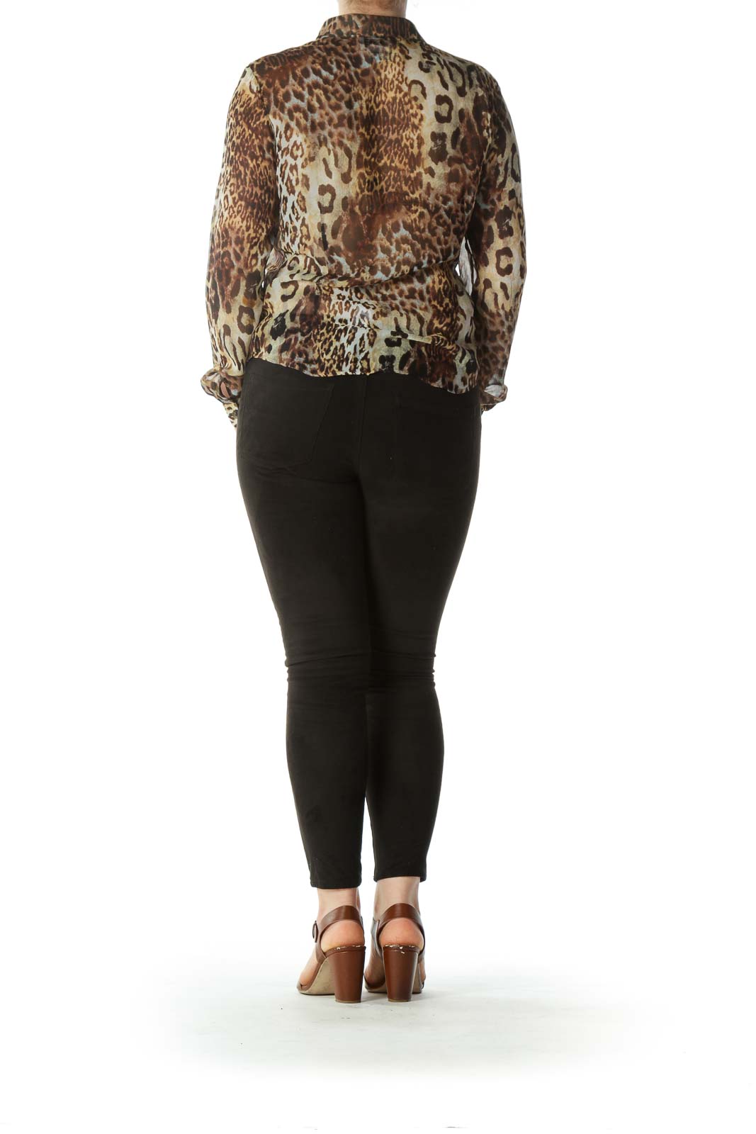 Brown Leopard Print 100% Silk See-Through Shirt