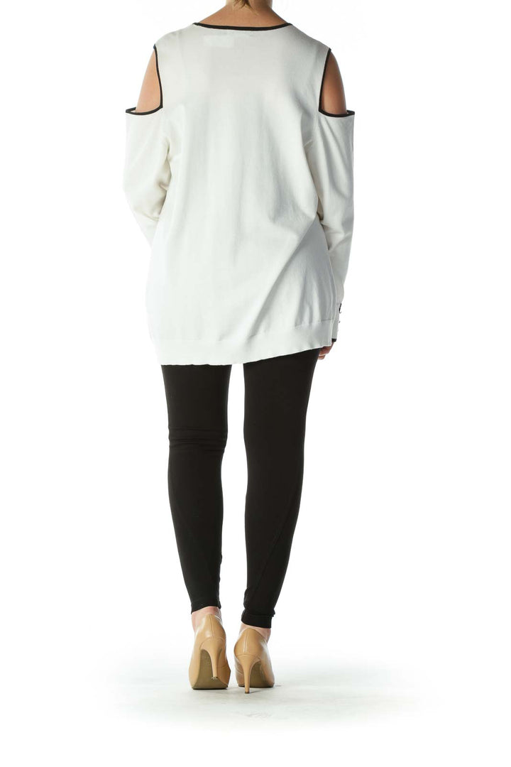 Cream Black-Contrasting-Trim Cold-Shoulder Knit Top