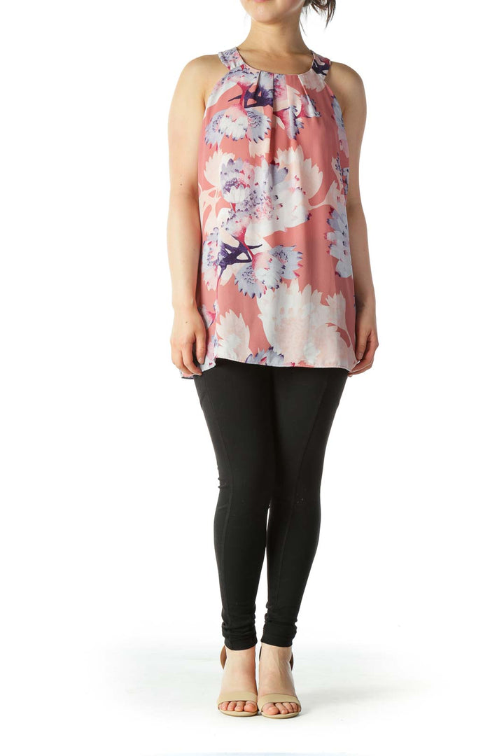 Multi-color Floral Print Pleated Neckline Blouse