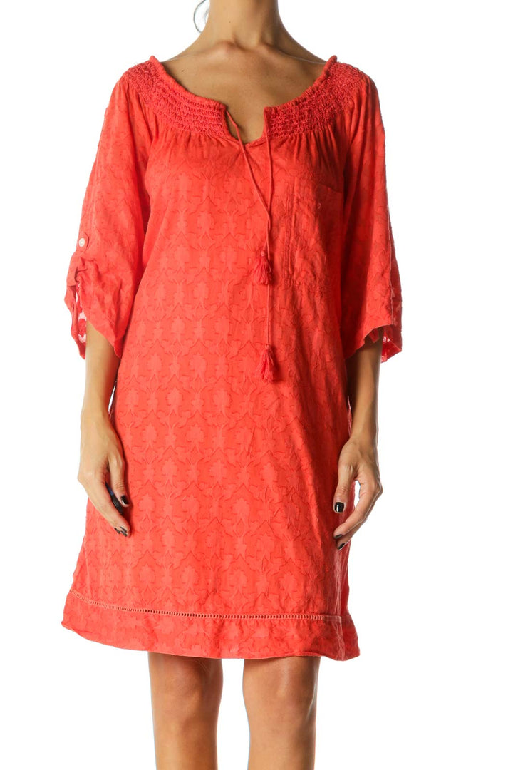 Coral-Orange 100% Cotton Pocketed Textured Dress