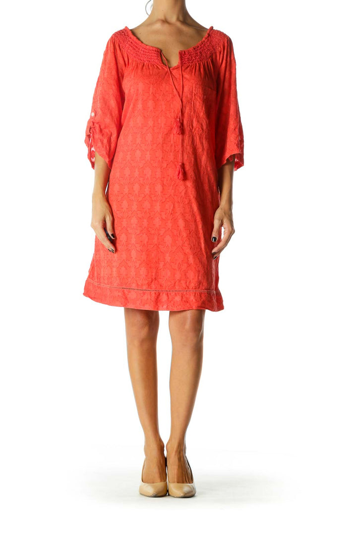 Coral-Orange 100% Cotton Pocketed Textured Dress