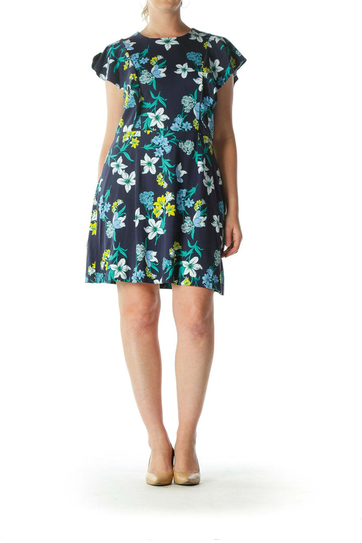 Blue Yellow White 100% Pima Cotton Floral-Print Dress