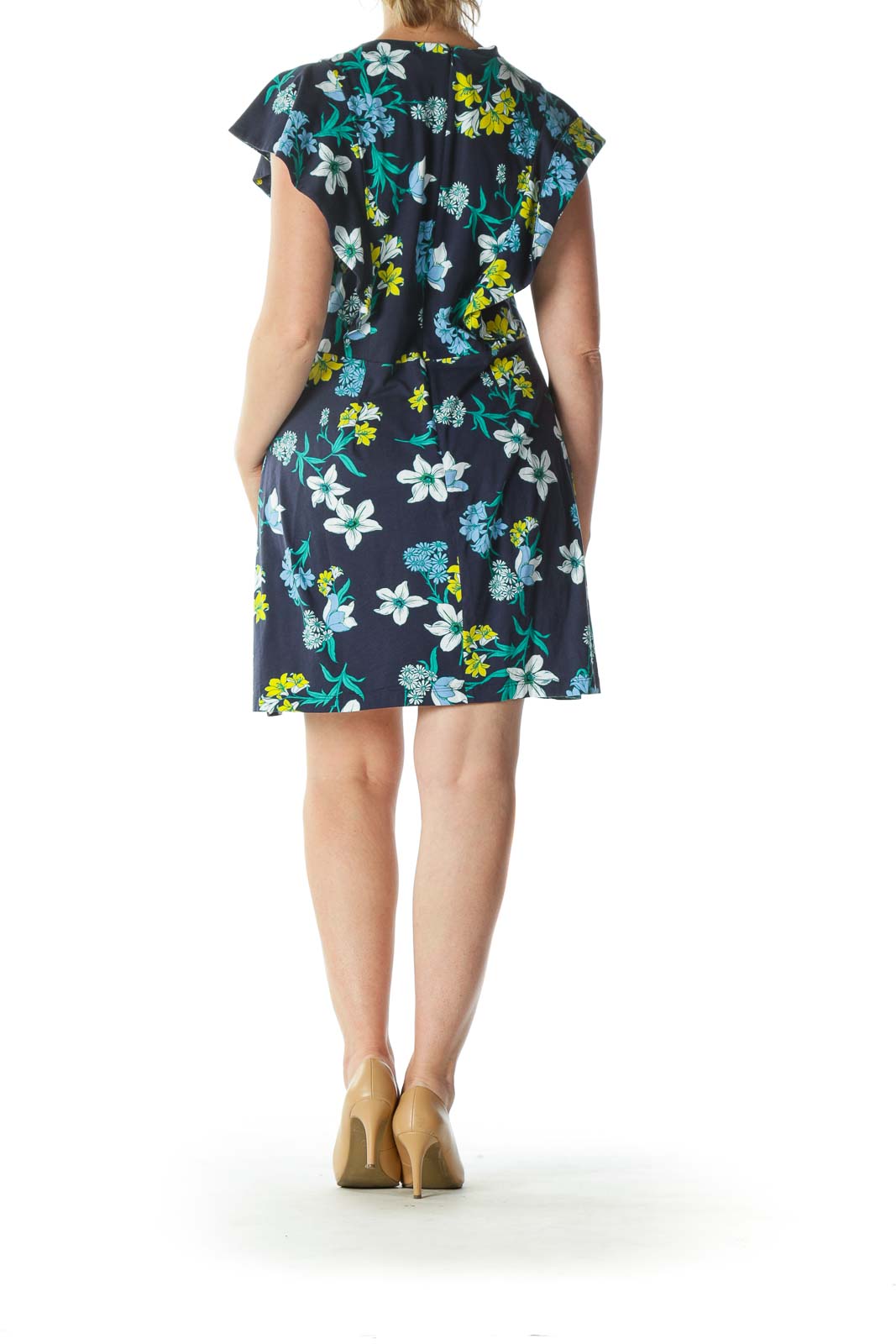 Blue Yellow White 100% Pima Cotton Floral-Print Dress