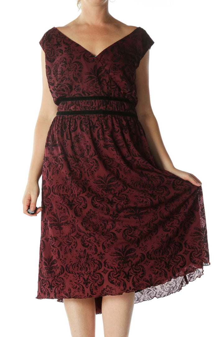 Burgundy Black Jacquard Surplice-Neckline Cocktail Dress