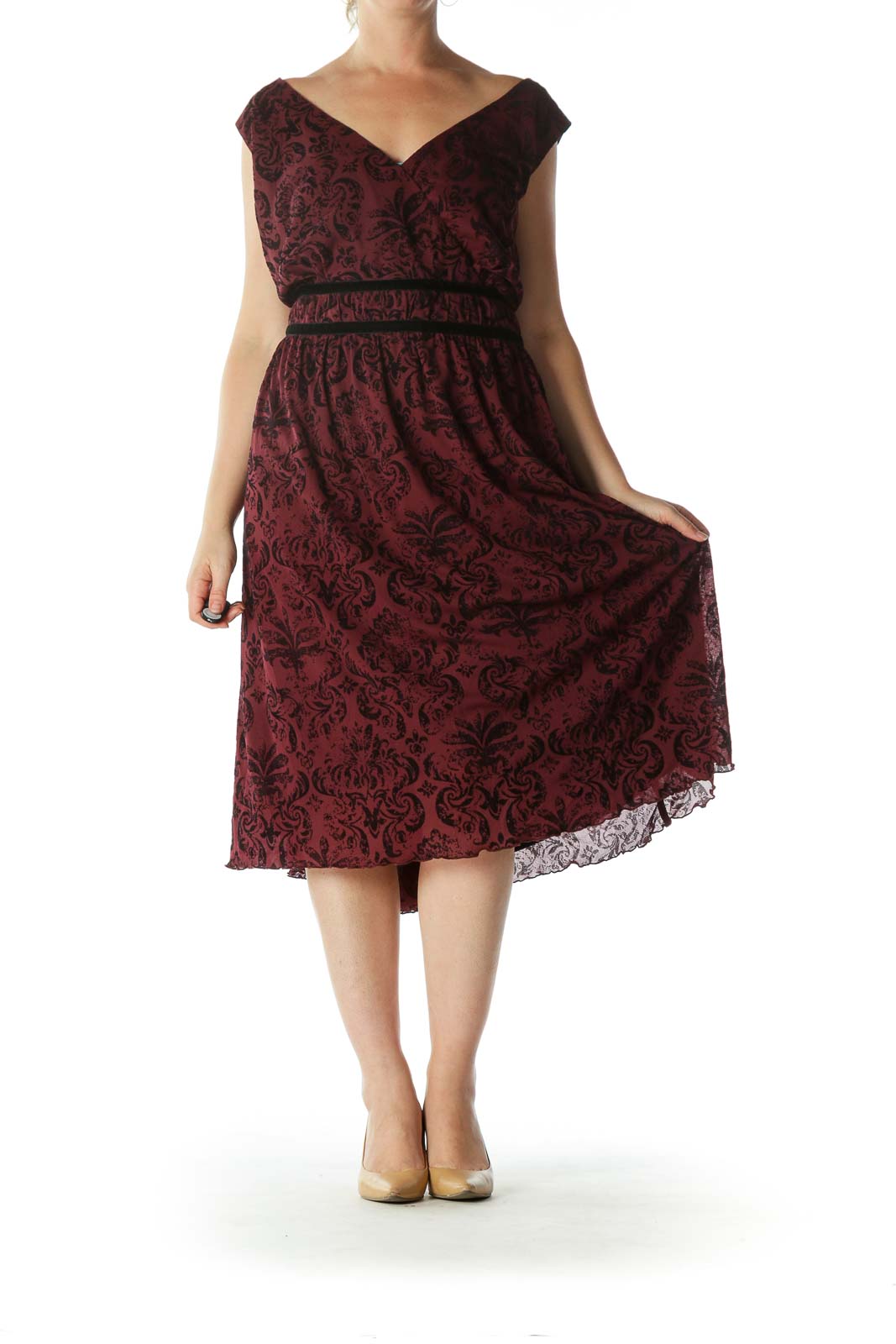 Burgundy Black Jacquard Surplice-Neckline Cocktail Dress