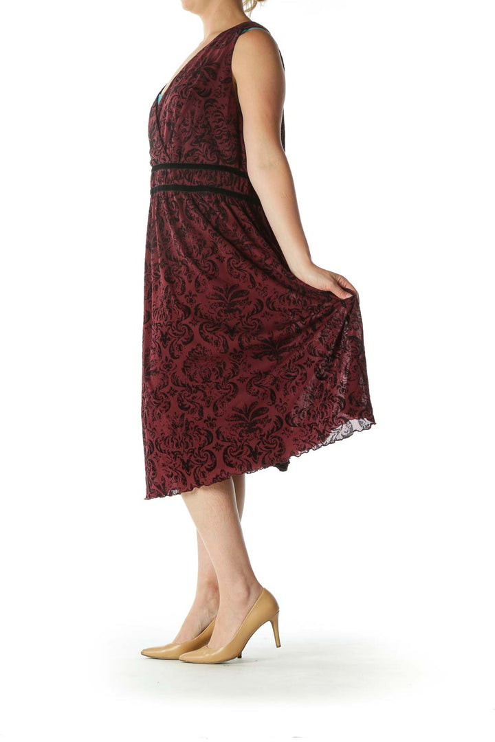 Burgundy Black Jacquard Surplice-Neckline Cocktail Dress