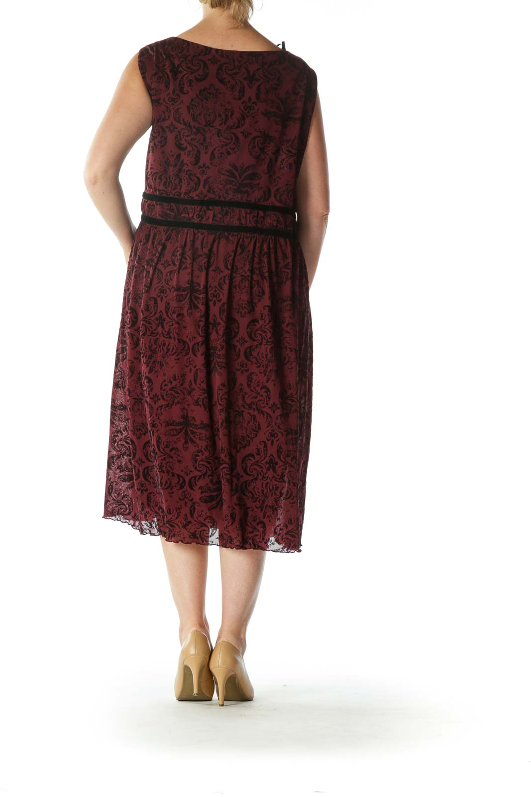 Burgundy Black Jacquard Surplice-Neckline Cocktail Dress