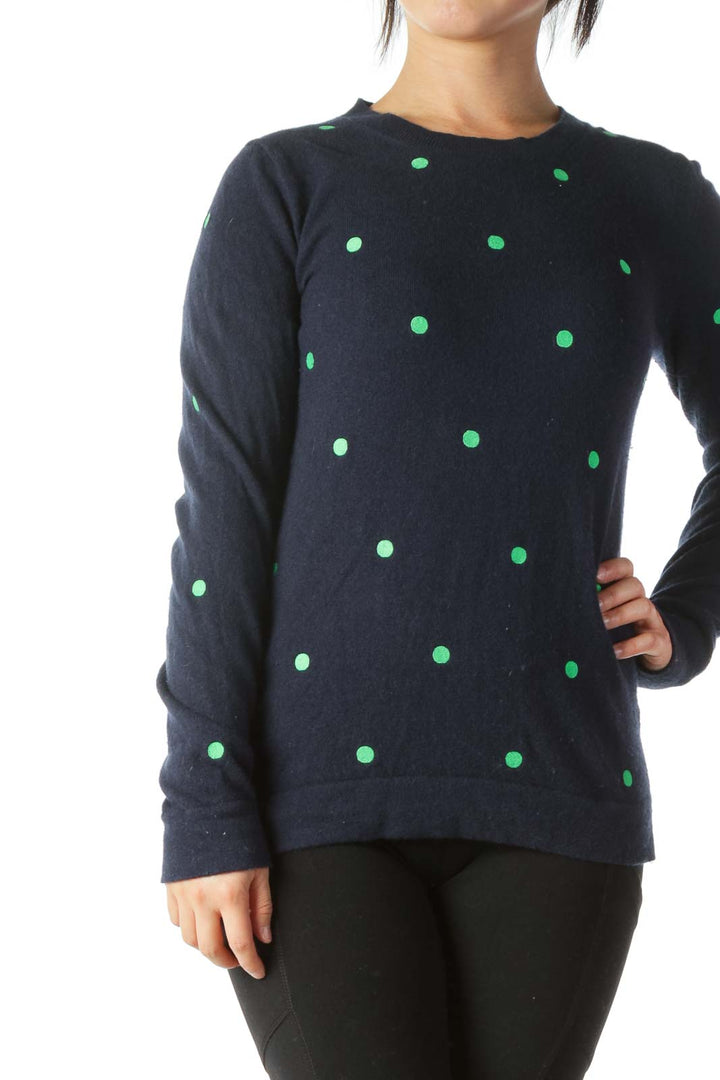 Navy Blue Green Sewn-Polka Dots Wool and Cotton Sweater