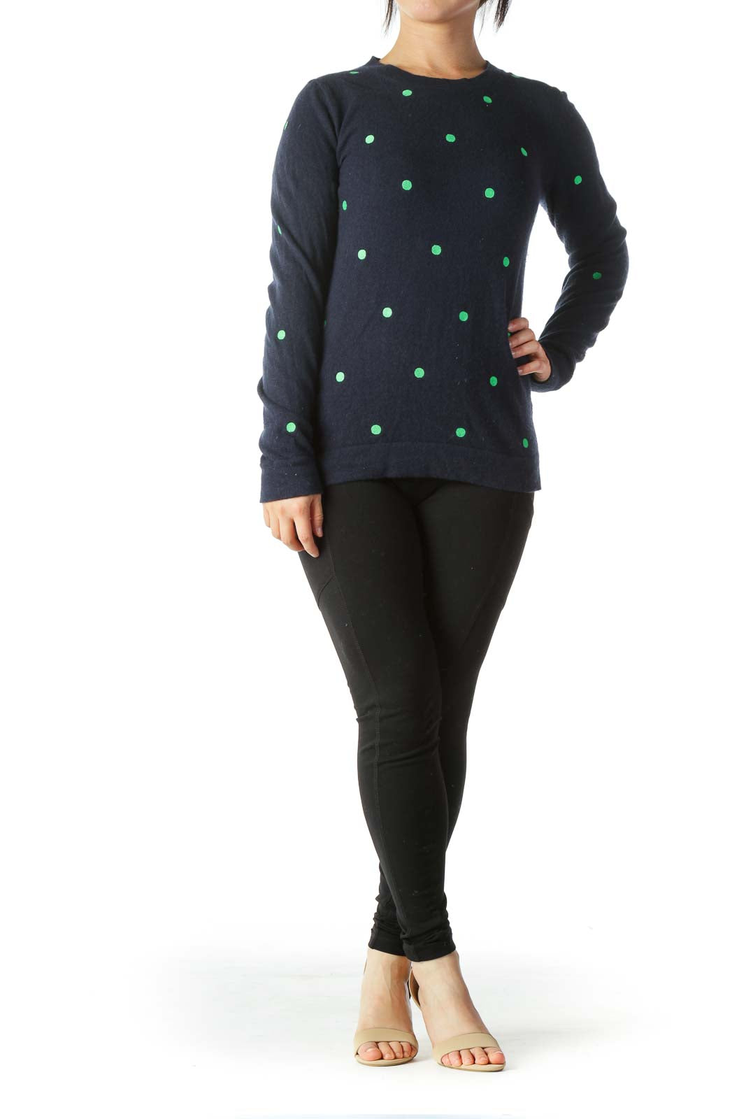 Navy Blue Green Sewn-Polka Dots Wool and Cotton Sweater