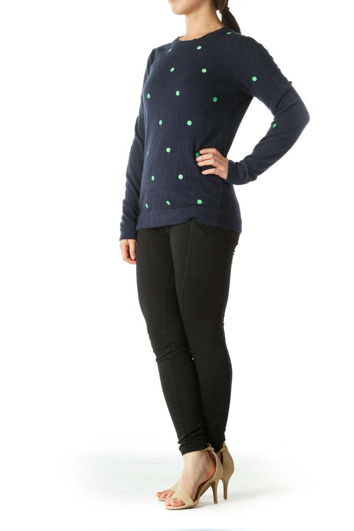 Navy Blue Green Sewn-Polka Dots Wool and Cotton Sweater