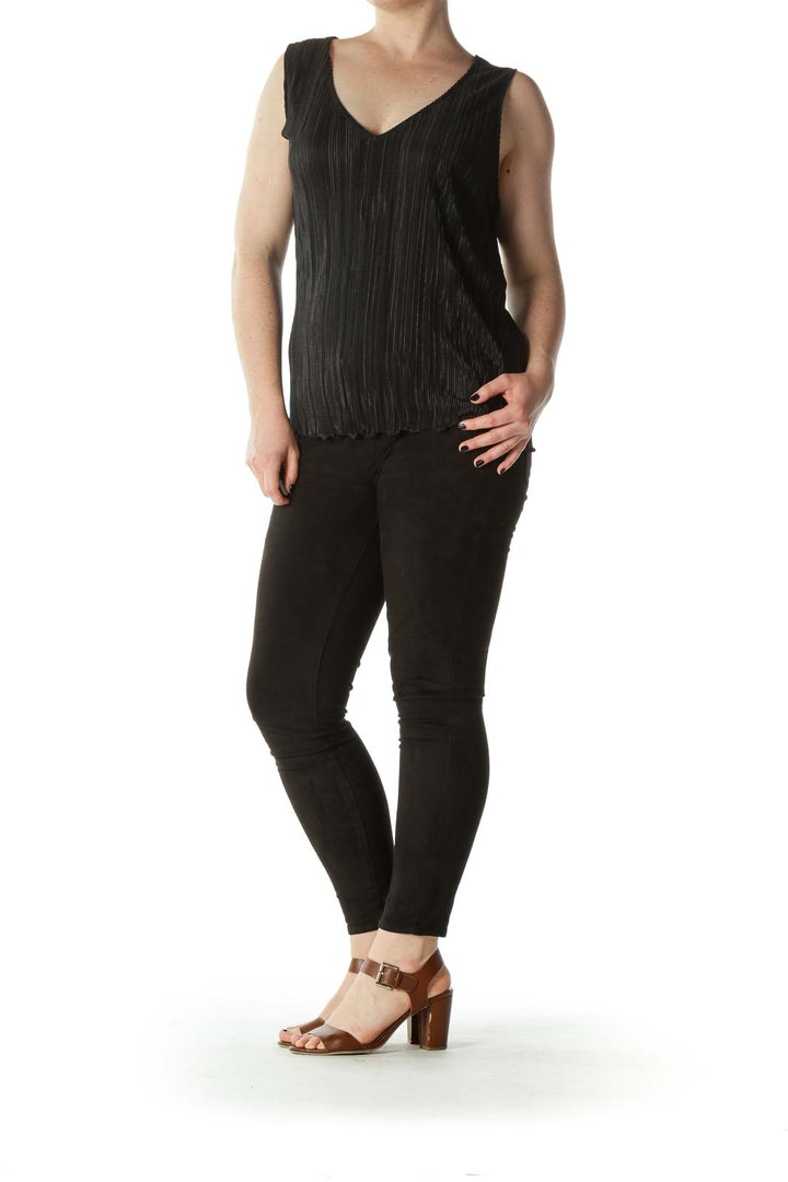 Black Shiny V-Neck Pleated Tank