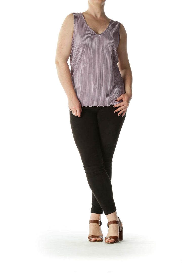 Light-Purple  V-Neck Shiny Pleated Tank