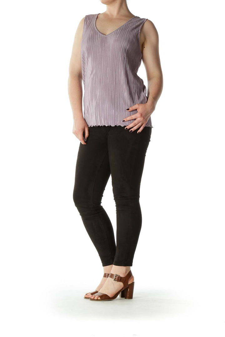 Light-Purple  V-Neck Shiny Pleated Tank