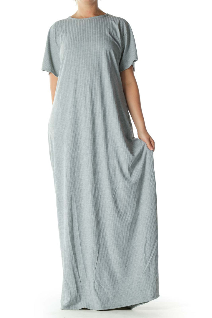 Gray Short-Sleeve Stretch Textured Maxi Dress