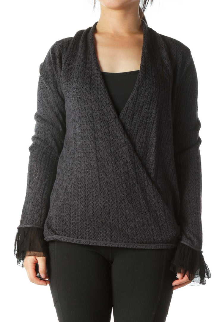 Gray Knitted Wrap Long Sleeve Top