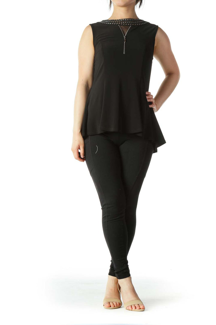 Black Studded and Zipper Detail Neckline A-Line Top