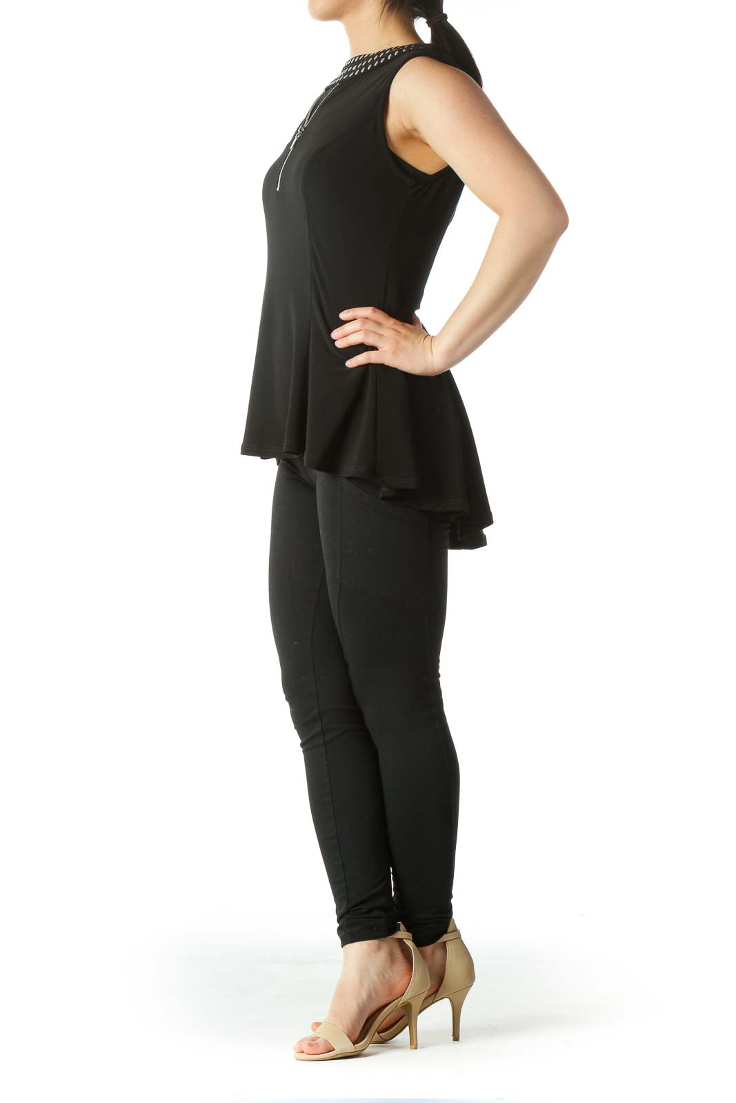 Black Studded and Zipper Detail Neckline A-Line Top