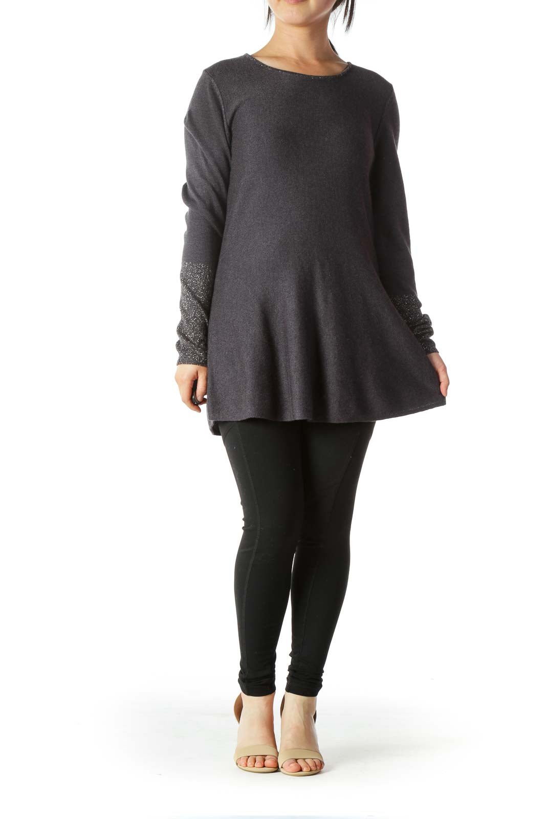 Gray Silver-Threading-Accents A-Line Knit Top