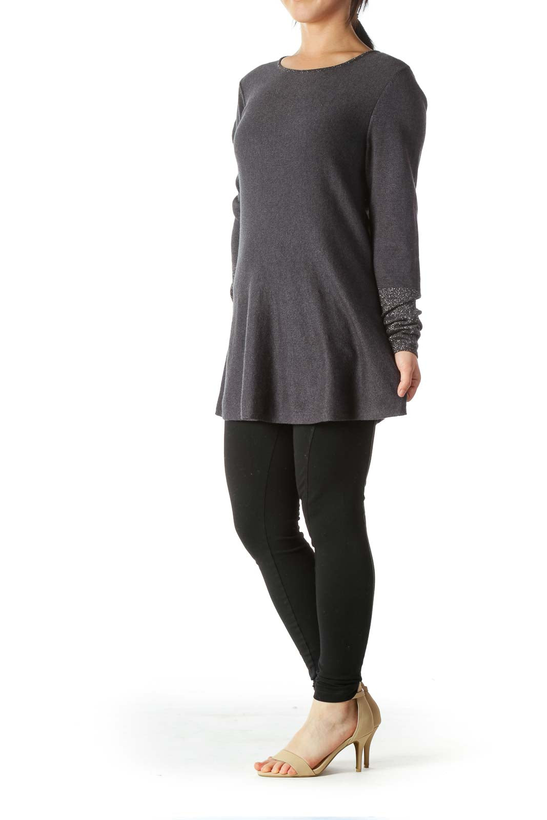 Gray Silver-Threading-Accents A-Line Knit Top