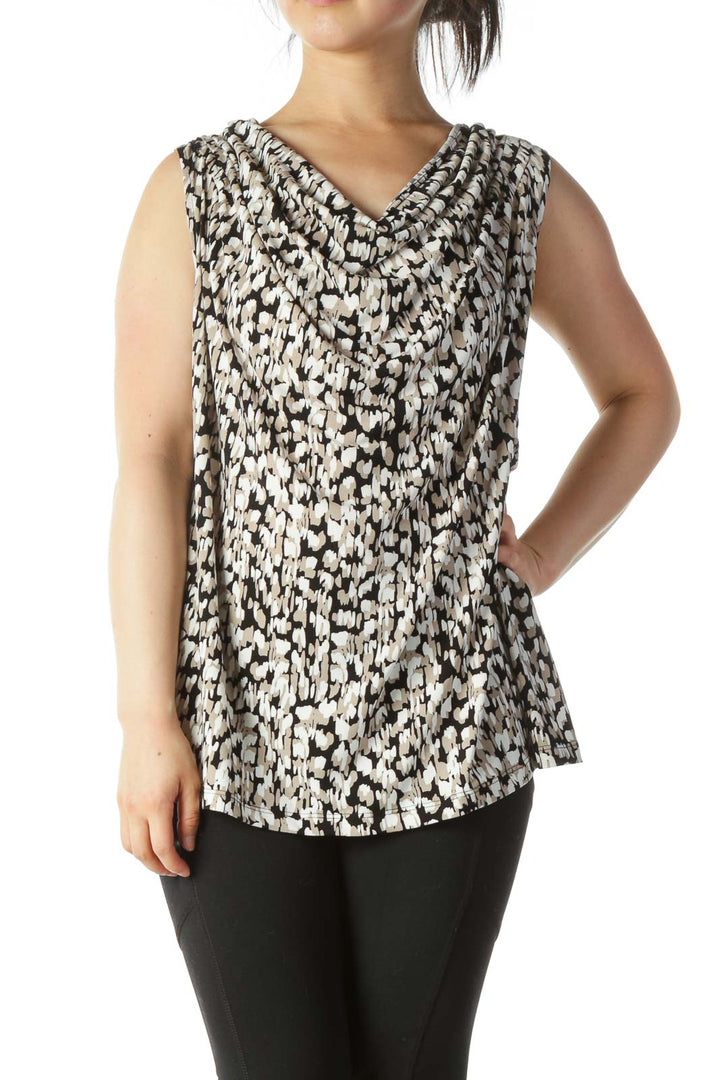 Black Beige White Print Stretch Jewel Neckline Tank