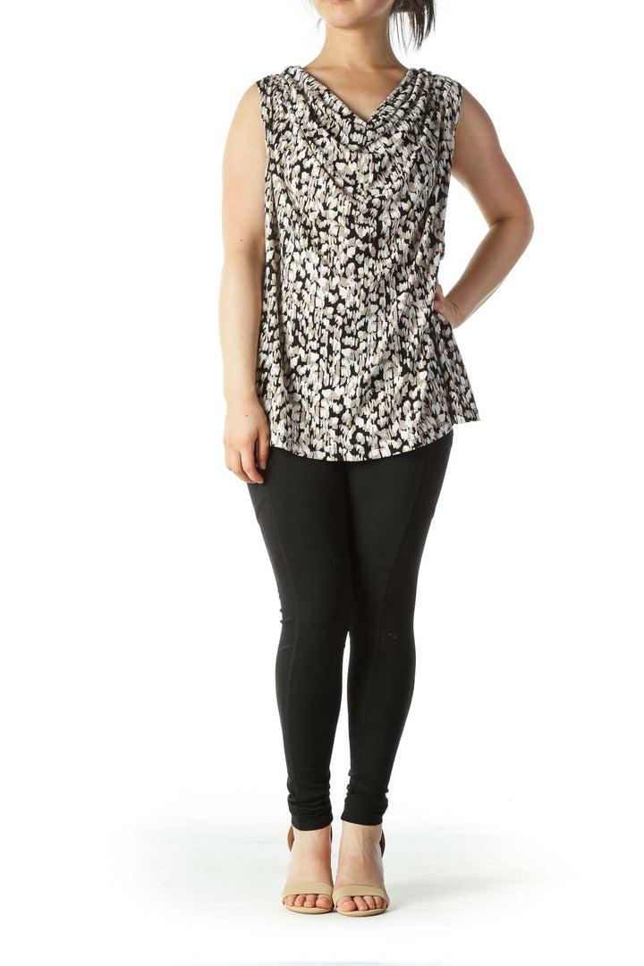 Black Beige White Print Stretch Jewel Neckline Tank