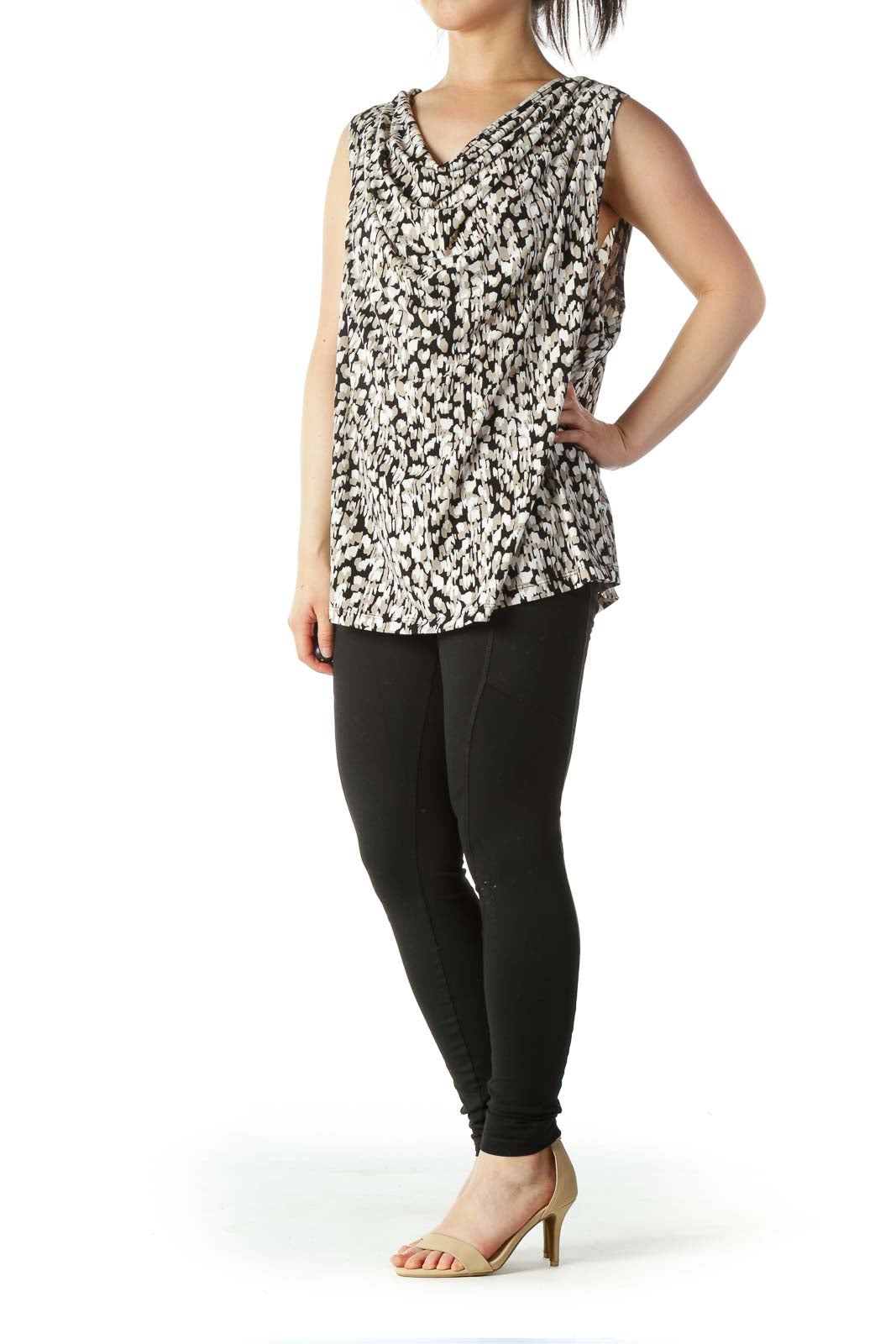 Black Beige White Print Stretch Jewel Neckline Tank