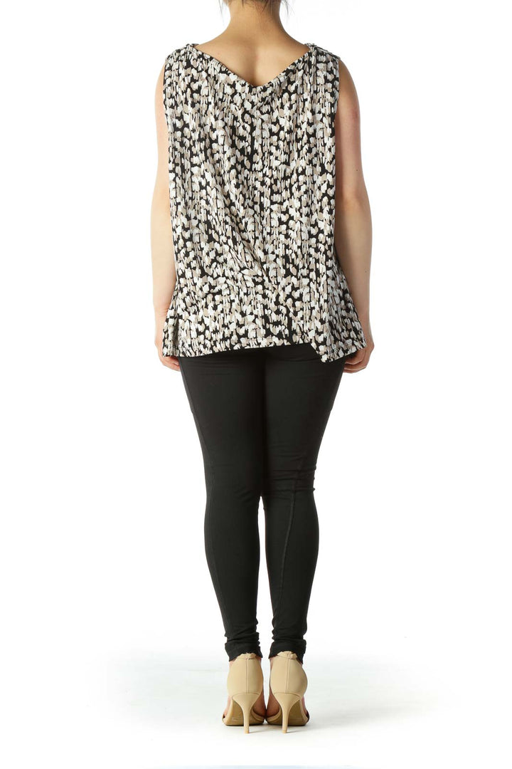 Black Beige White Print Stretch Jewel Neckline Tank