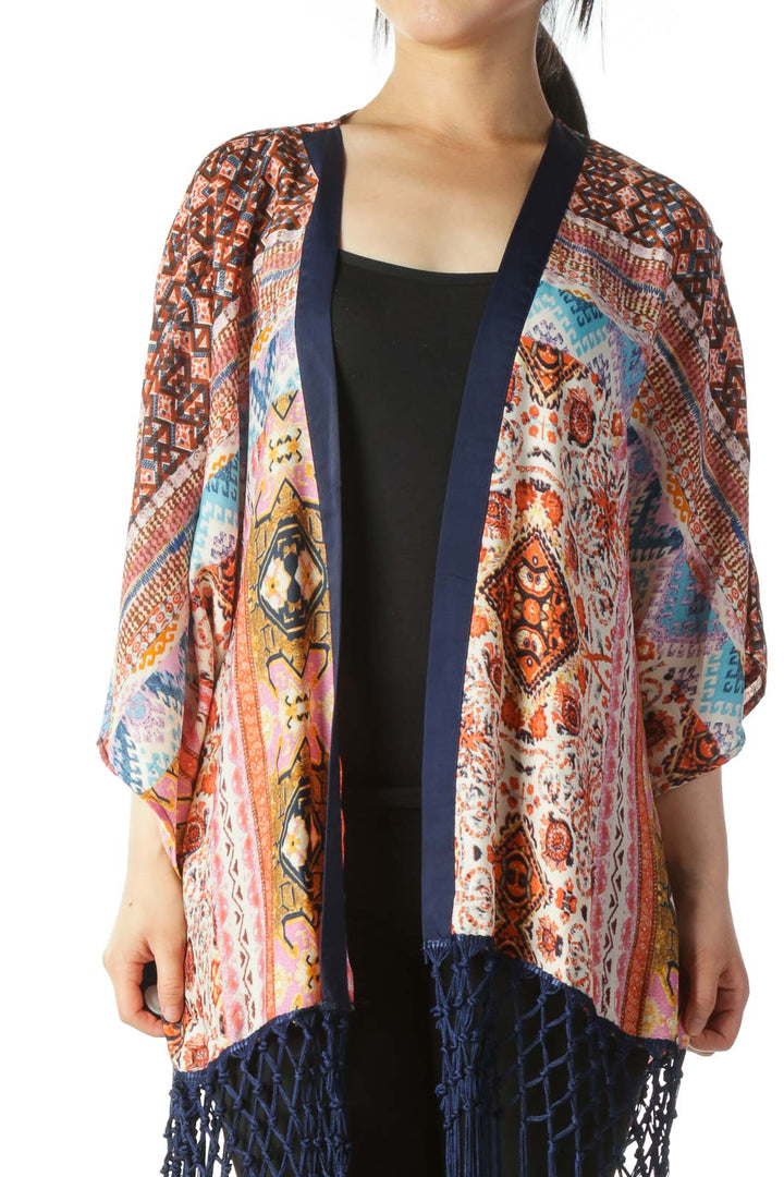 Multicolor Print Light-Weight Cardigan with Tassels