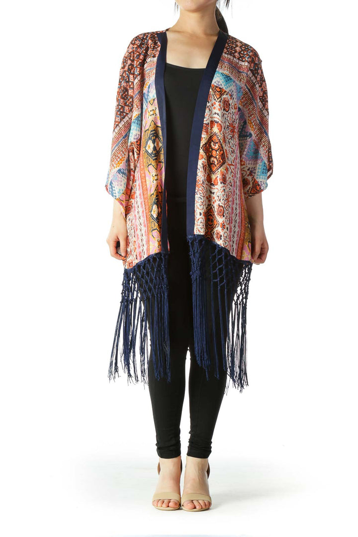 Multicolor Print Light-Weight Cardigan with Tassels