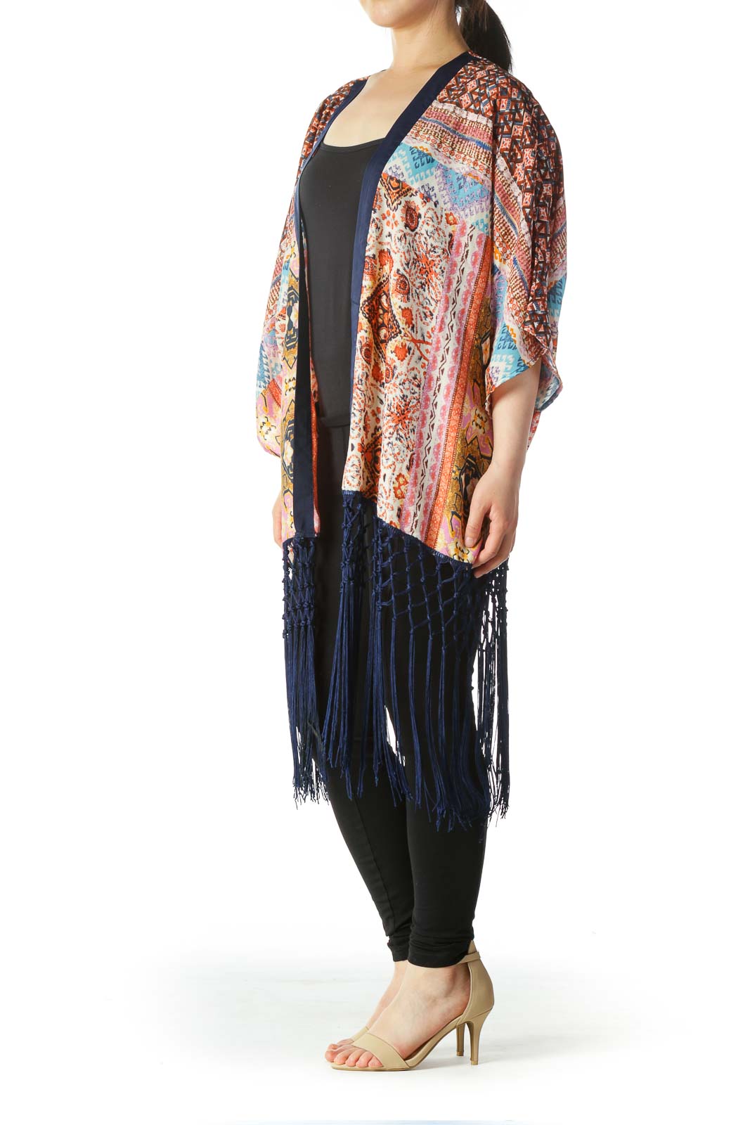 Multicolor Print Light-Weight Cardigan with Tassels