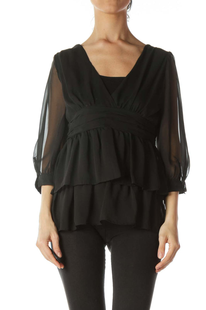 Black Chiffon See-Through Long-Sleeve Blouse