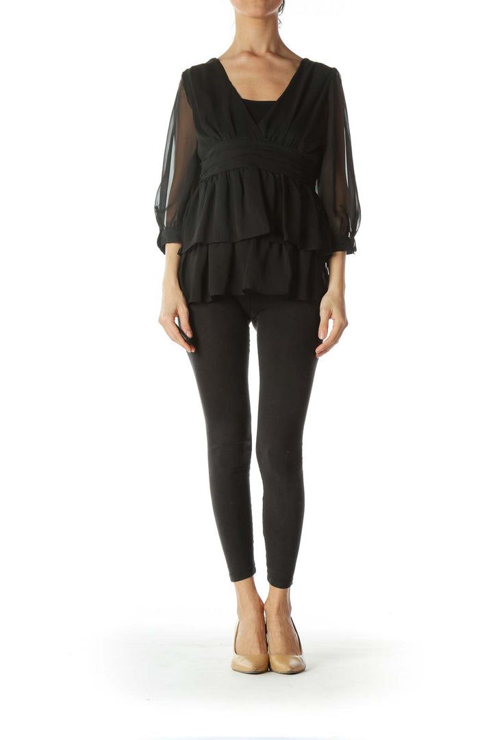 Black Chiffon See-Through Long-Sleeve Blouse