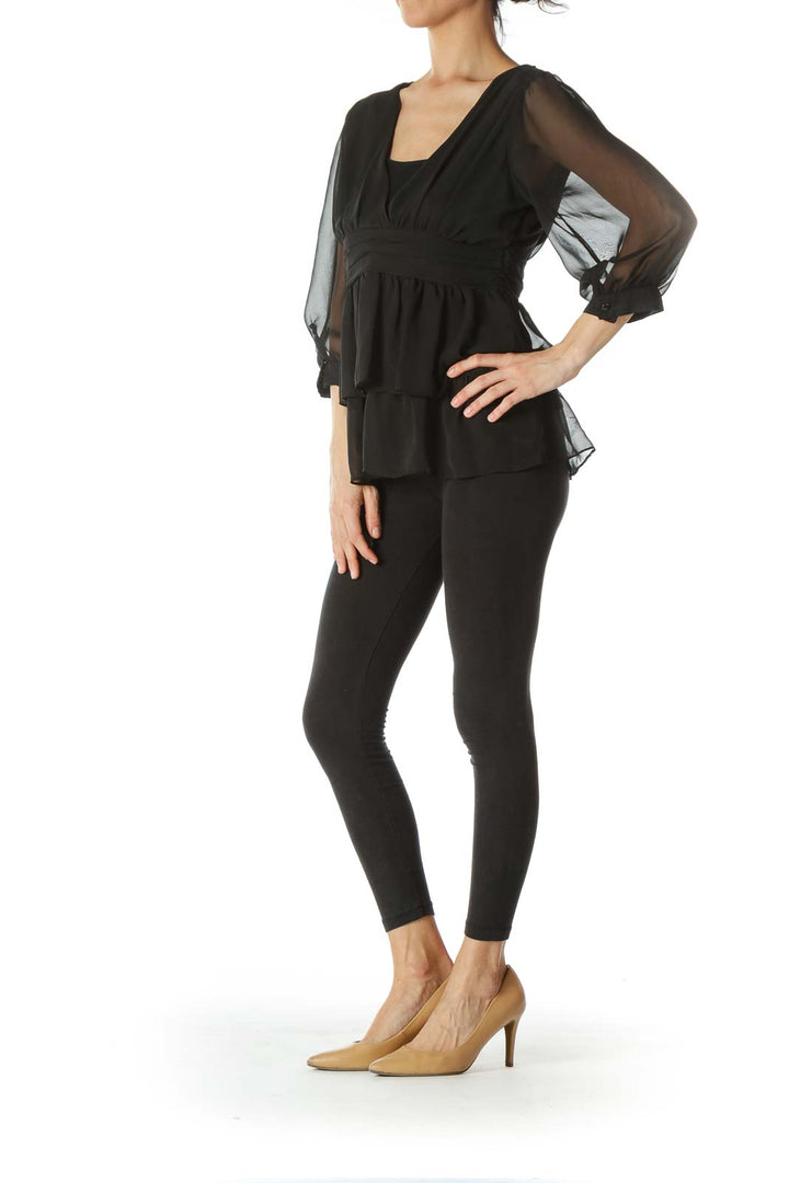 Black Chiffon See-Through Long-Sleeve Blouse