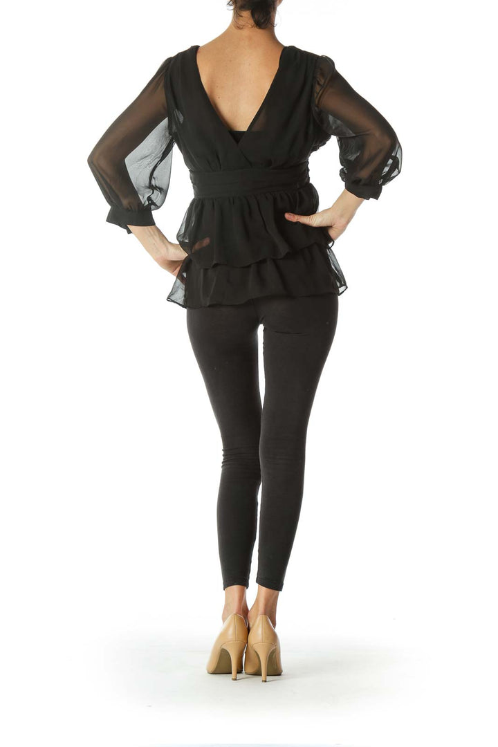 Black Chiffon See-Through Long-Sleeve Blouse