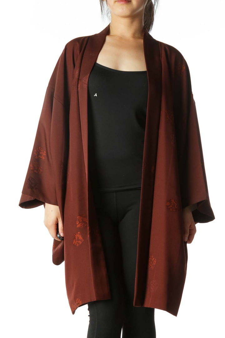 Brown Jacquard Arm-Opening Square-Sleeves Cape