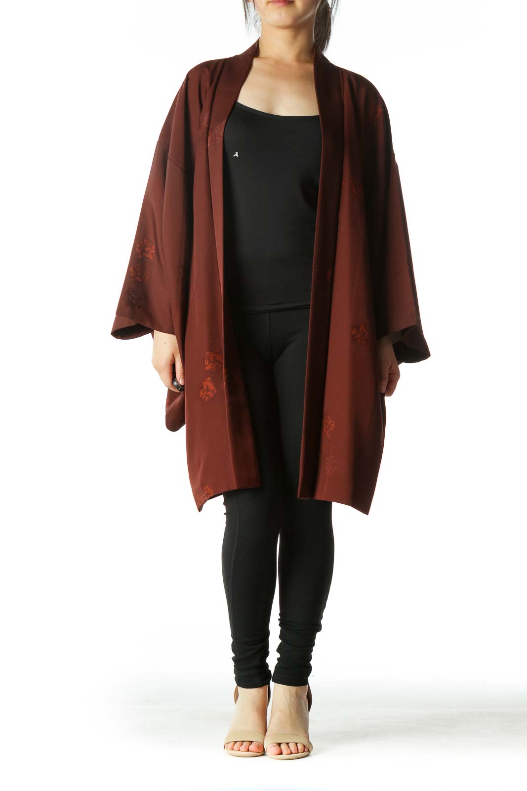 Brown Jacquard Arm-Opening Square-Sleeves Cape