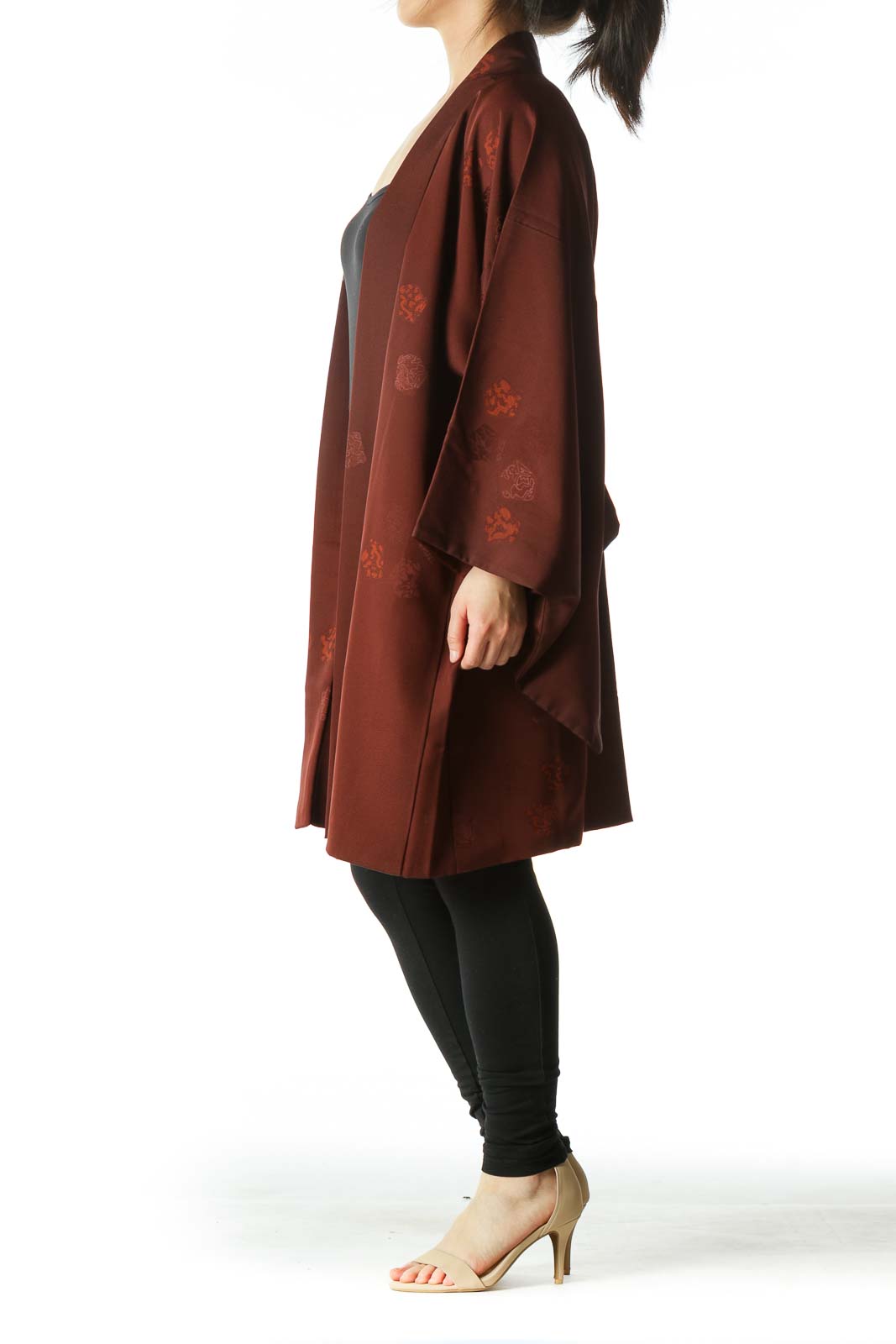 Brown Jacquard Arm-Opening Square-Sleeves Cape