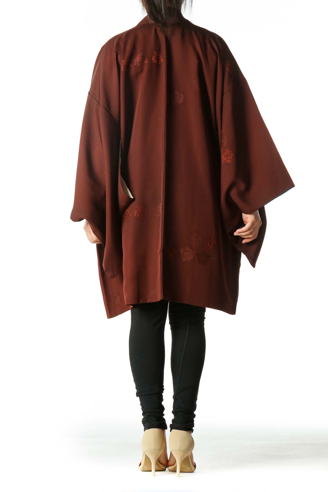 Brown Jacquard Arm-Opening Square-Sleeves Cape