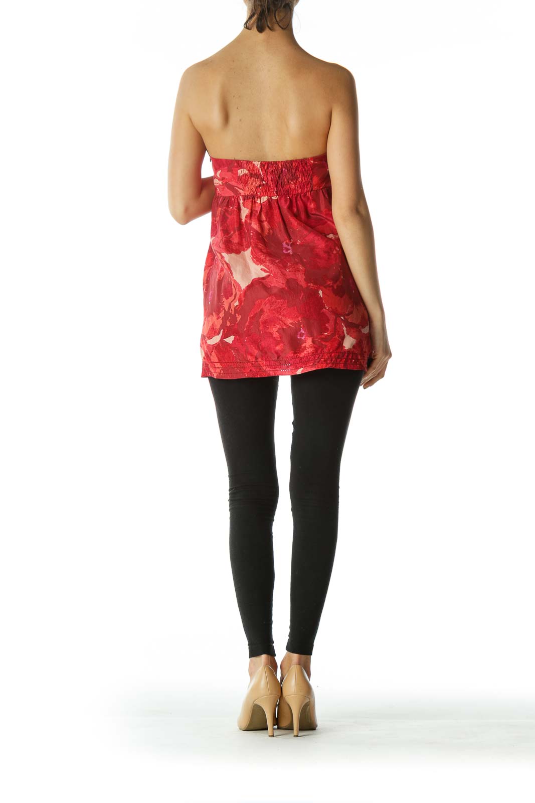 Red Pink Printed Empire-Waist Strapless Top