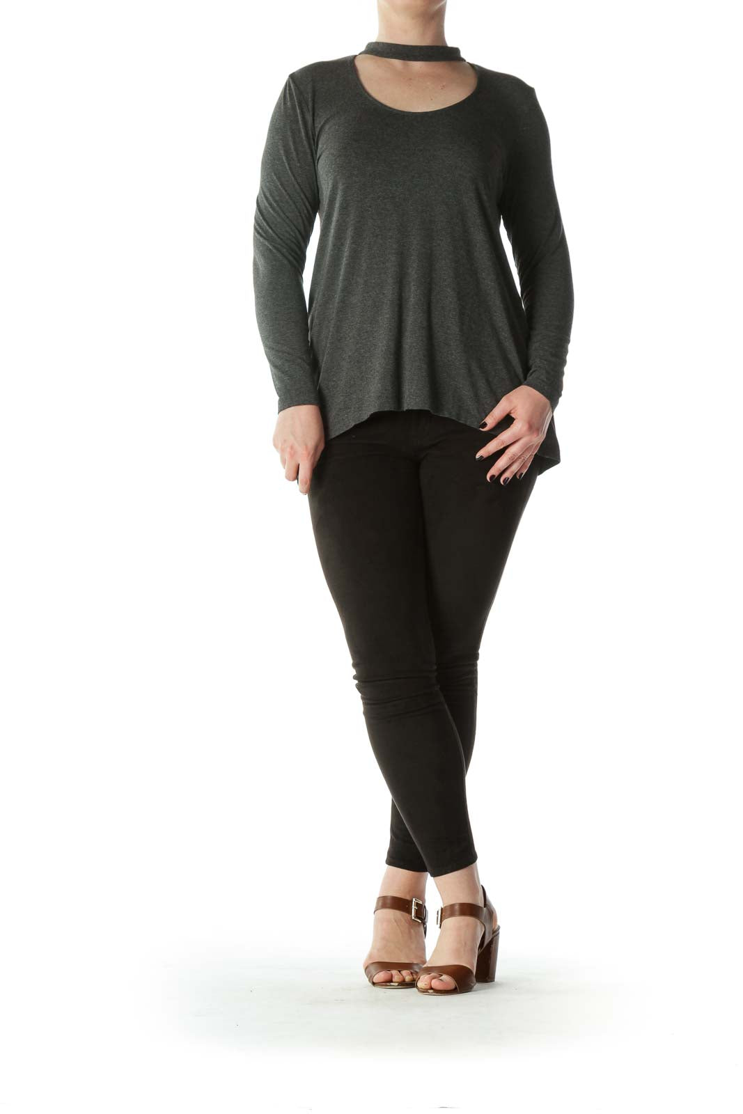 Gray Choker-Neck Long-Sleeve Stretch Flared Top