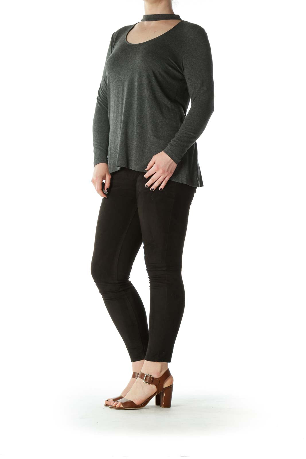 Gray Choker-Neck Long-Sleeve Stretch Flared Top