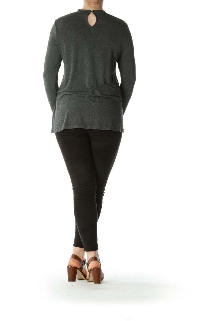 Gray Choker-Neck Long-Sleeve Stretch Flared Top