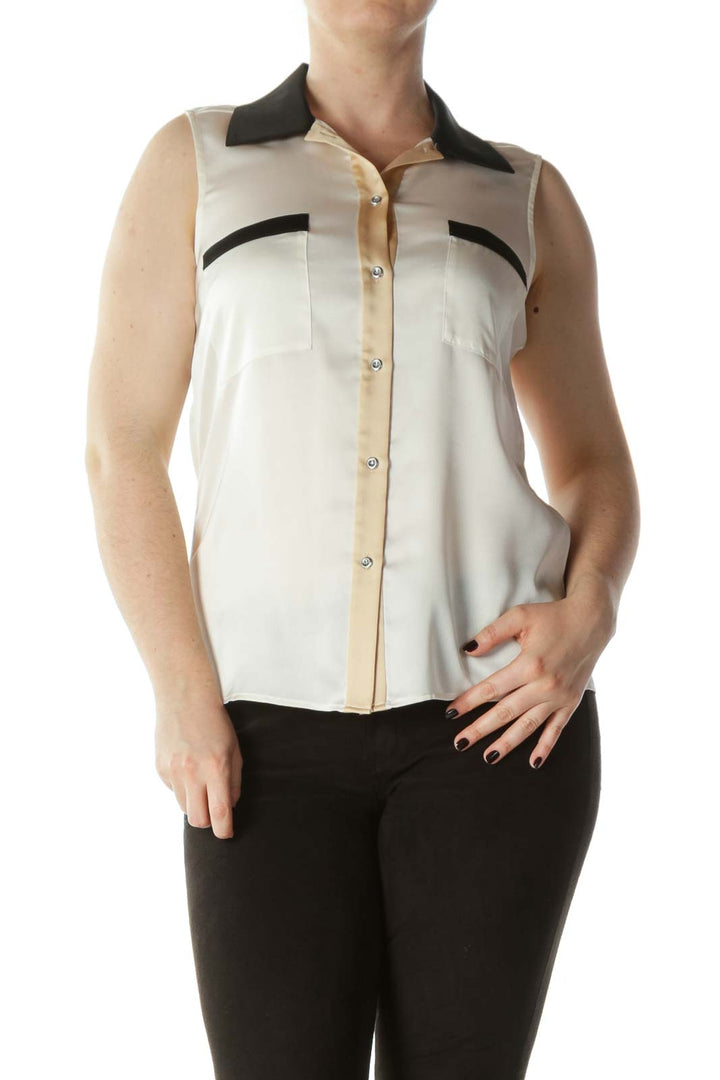 Cream Beige and Black Sleeveless Collared Button-Down